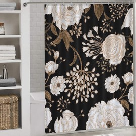 Black Gold Floral Shower Curtains, Retro Vintage Boho Floral Peony Rose Flower Blossom Botanical Elegant Aesthetic Art Decor Chic Waterproof Fabric Bathroom Shower Curtain Set with Hooks, 72"x72" Inch