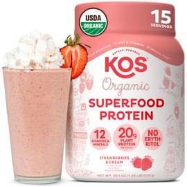 KOS Vegan Protein Powder, Strawberry and Cream Organic Pea Protein Blend, Plant Based Superfood with 12 Vitamins and Minerals, Made Without Dairy - Meal Replacement for Women & Men, 15 Servings