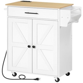 HOOBRO Kitchen Island with Power Outlet, Kitchen Storage Island with Large Worktop, Spice Rack and Drawer, Rolling Island on Wheels, for Dining Room, White and Natural