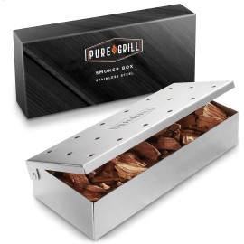 the Pure Grill BBQ Smoker Box - Heavy Duty Stainless Steel with Hinged Lid for Wood Chips - Bar