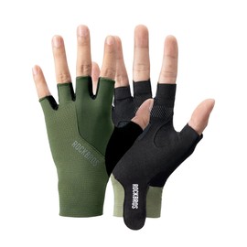 ROCKBROS Road-to-Sky Cycling Gloves, Fingerless, Breathable, Reflective Training Gloves for Mountain Bikes, Road Bikes, Unisex, Men, Women, Dark Green, M