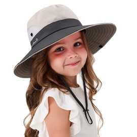 DRESHOW Baby Sun Hat Toddler Outdoor UV Protection Foldable Mesh Wide Brim Fishing Ponytail Sun Visor Hats Summer Beach Bucket Cap with Chin Strap for Kids Girls 3-8 Years