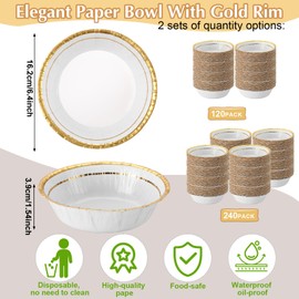 Newtay 120 Pcs 16 oz Paper Bowls with Gold Rim, Disposable Paper Bowls for Snacks, Dessert. Soak Proof and Cut Proof Heavy Duty Gold Rim Disposable Bowls for Birthday Weddings Parties
