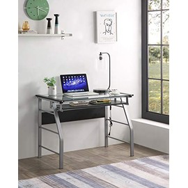 King's Brand Metal and Glass Top Home Office Computer Desk/Table, Silver Finish
