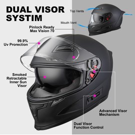 Comrider Full Face Dual Visor Adult Motorcycle Helmet for Motorbike Street Bike with Push-in Buckle Ready DOT Approved (Black, X-Large)