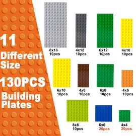 Cabeeskii 130 Pieces Plate Set Building Plate in 11 Sizes, Classic Building Blocks Base Plate Compatible with Most Brands, Building Plate Set, Random Colour Fixed Size