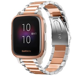 Compatible with Garmin Venu Sq Bands, YOUkei Stainless Steel Metal Replacement Strap Bracelet Compatible with Garmin Venu Sq Smartwatch (Silver-Rose Gold)
