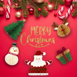 NICROHOME Pack of 5 Christmas Hanging Decorations, Paper Honeycomb Hanging Piece with Santa, Christmas Tree, Elk, Snowman, Gift Box Shape for Christmas and New Year Hanging Decoration