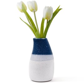 KERMANDO Ceramic Vase – 5.9” Tall Handmade Blue and White Glazed Pottery for Home Decor – Modern Asymmetrical Flower Vase for Living Room, Shelf, Table Centerpiece – 18oz / 500ml