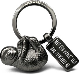 LANOLU Sloth Key Ring Animals Metal with Engraving Lucky Charm, Sloth Keychain, Kawaii Animal Key Ring Best Friend with 3D Figure Sloth Pendant, Sloth Gift Ideas, black
