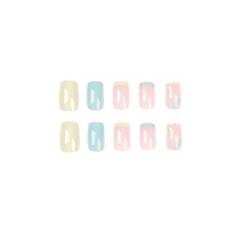24PCS Short False Nails with Glue Stickers,Coffin Full Cover Acrylic Nails Press on Nails no Glue,Yellow&Blue Flower French Fake Nails Stick on Nails for Women and Girls Nail Art.