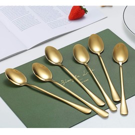 Gold Iced Spoon,Kyraton Stainless Steel 7.5" Long Handle Mixing Spoon with Gold Titanium Plating,Ice Cream Spoon, Stirring Bar Spoon, Cocktail Spoon, Latte Spoon Pack of 6