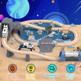 JugueteLand 82 Pcs Wooden Train Set for Toddlers, Toy Train with Track for Kids Ages 3-6, Compatiable with Major Brands, Space Railway Playset Gifts for Boys and Girls Ages 3+