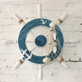 WINOMO Wooden Ship Steering Wheel with Fishing Net Anchor Seagull Nautical Wall Hanging Decoration,Blue, White,23 x 23 x 2 cm; 189 Grams