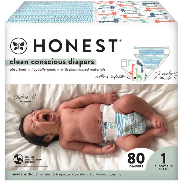 The Honest Company Clean Conscious Diapers | Plant-Based, Sustainable | Dots & Dashes + Multi-Colored Giraffes | Club Box, Size 1 (8-14 lbs), 80 Count