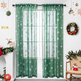 Karseteli Christmas Sheer Curtains for Living Room, Luxury Snowflake Silver Foil Print Sheer Curtains, Rod Pocket Window Drapes Decorations for Bedroom and Home Decor, 2 Panels Green 52W x 84L