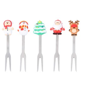 Hemoton Pack of 5 Christmas Appetizers Dessert Fork Stainless Steel Fruit Picks Santa Shaped Salad Cocktail Fork Toothpick for Christmas Party (Assorted Pattern)