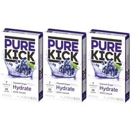 SINGLES TO GO! Pure Kick Hydration Drink Mix Concord Grape, 3 Boxes with 6 Packets Each - 18 Total Servings
