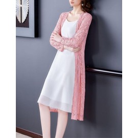 FindThy Women’s Casual Long Duster Cardigan 3/4 Sleeve Open Front Embroidered Lace Kimono Cover Up(0796-Pink-L-LB)