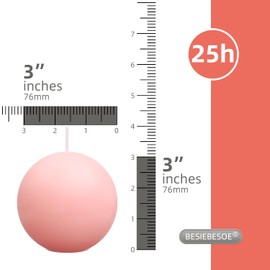 Ball Pillar Candles Set of 3 Pink 3Inch Unscented Handpoured Weddings, Home Decoration, (75 Hour)
