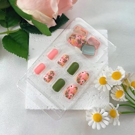 Press on Nails Short Square Fake Nails with Flower & Leaves Designs Glossy Glue on Nails Pink Green Full Cover False Nails Acrylic Stick on Nails for Women Girls 24 Pcs