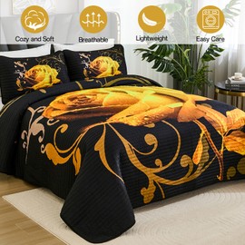 Xruibed Yellow Quilt Set Queen Size, 3 Pieces Rose Floral Quilt Set Botanical Bedspread with 2 Pillow Shams, Soft Micorfiber Lightweight Flower Coverlet Bedding Set for All Season (90"x96")