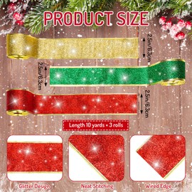 JarThenaAMCS 3 Rolls Christmas Ribbon 2.5" Xmas Glitter Wired Ribbon for Christmas Tree 30 Yard Red Green Gold Craft Ribbon for Bow Wreath Craft Gift Wrap Party Decor