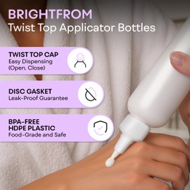 BRIGHTFROM Twist Top Applicator Bottles, Squeeze 6 OZ Empty Plastic Bottles, Refillable, Open/Close Nozzle - Multi Purpose (Pack of 2) (White)