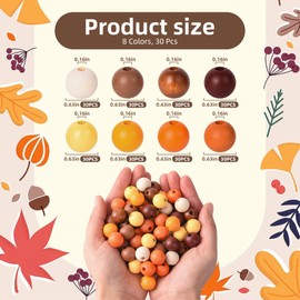 240 Pieces Fall Wooden Beads Thanksgiving Craft Wood Bead 8 Colors 16mm Farmhouse Round Bubblegum Beads for Thanksgiving Harvest Craft Keychain Jewelry Making Home Decorations