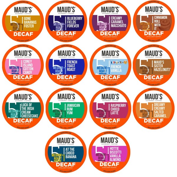 Maud's Decaf Super Flavored Coffee Variety Pack, 80ct. Solar Energy Produced Recyclable Single Serve Pods Jam-Packed with 14 Flavors - 100% Arabica Coffee California Roasted, KCup Compatible