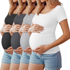 Huukeay 4 Pack Women's Maternity Shirts Scoop Neck Maternity Top Short Sleeve Casual Cotton Tee Side Ruched Pregnancy Clothes(Black, Light Gray, Dark Gray, White,X-Large)