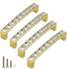 ESreake 4 Pack Gold U Shape Crystal Glass Rhinestone Cabinet Pulls Knobs Handles,Modern Decorated Shiny Dresser Drawer Konbs Pulls Handles for Cupboard Wardrobe Dresser (4 Pack, 3.8" Hole Centers)