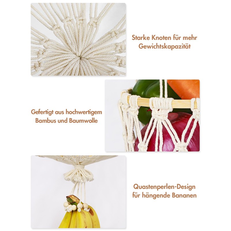 SAUNNIHEN 3-Tier Hanging Fruit Basket, Bamboo Hanging Basket Fruit, Space-Saving