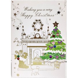 Talking Pictures - (Pack of 4) Luxurious Christmas Cards - Fireplace and Xmas Tree