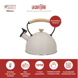 La Cafetiere Latte Whistling Kettle with Wooden Handle, 2.5 Litre, Stainless Steel, Cream