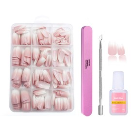 False Nails Kit with Glue, Natural Gradient Pink Fake Nails, Acrylic Ballet Press on Nails Tips, 12 Sizes Glossy Full Cover Stick on Nail for Women Girls Art (Pink Gradient Ballet, 240PCS)