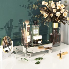 Uniglam Mirrored Risers for Display, Tabletop Display Stand, Mirrored Perfume Tray for Vanity, Silver Soap Stand, Pedestal Stand, Glass Risers for Countertop, 8.6”W x 6”D x 3”H