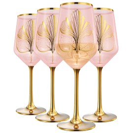 Gatsby Roaring Twenties Wine Glasses - Blush Pink Colored Crystal Glass - Set of 4 - Gold Large Stemmed 12 oz Glasses, Unique all Occasions & Special Celebrations Italian Color Style Tall Drinkware