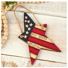 Flag God Bless America Star Ornaments - Pack of 6 Painted Wood Patriotic USA Flag Star Decorations for Memorial Day, 4th of July and Veterans Day - Americana Wreaths, Christmas Trees and Displays