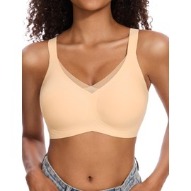 Vinfact Womens V Lace Wireless Seamless Bras No Underwire Comfort Push Up Bras Supportive Full Coverage Bralettes T Shirt Bra, Skin Color, XL