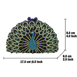 Boutique De FGG Peacock Crystal Clutch Bag Women Formal Evening Handbags Bridal Wedding Rhinestone Clutch Purse Party Bag, Mini, Green Mixed