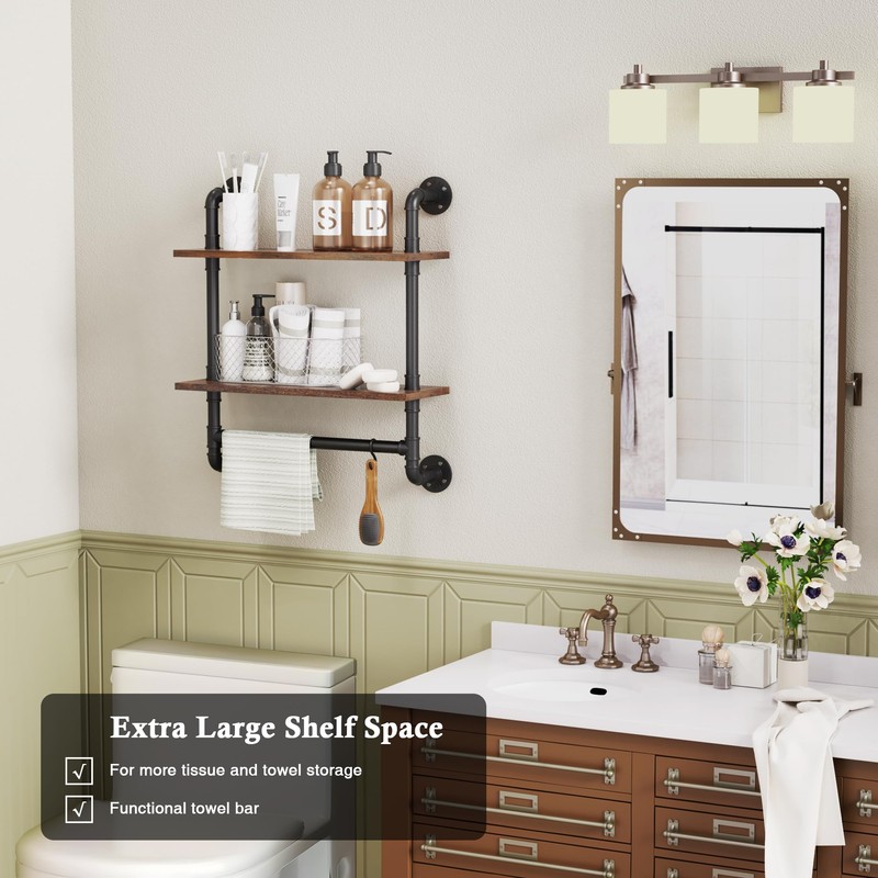 Merapi 24" Industrial Floating Shelves with Tower Bar, Pipe Shelves