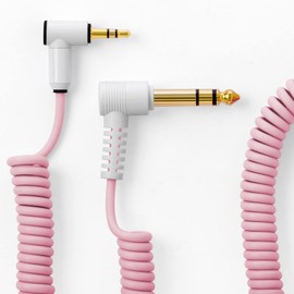 MyVolts Candycord Audio Cable, Angled Mini Jack to Angled Large Jack, Curly 100cm to 200cm, Marshmallow Pink Colour