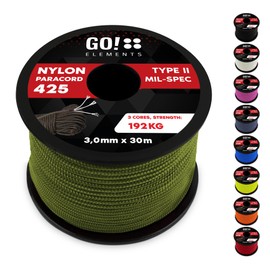 GO!elements 100 m Paracord Rope Made of Tear-Resistant Nylon - 3 mm Paracord 425 Type II Max. 192 kg - Cords as Outdoor Rope, All-Purpose Rope, Survival Rope, Bracelet, Dog Lead, Nylon Cord