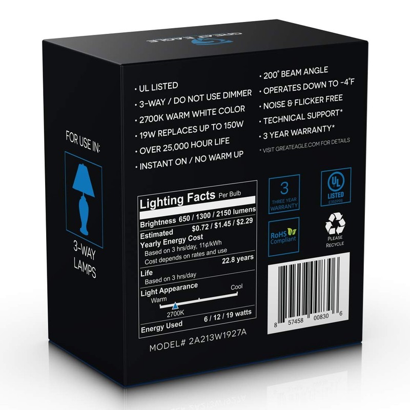 Great Eagle 50/100/150W Equivalent 3-Way A21 LED Light Bulb 2700K