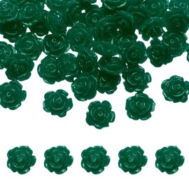 sourcing map 50 Pcs Dark Green Resin Rose Flower Beads, 10mm Flatback Flower Charm Opaque Carve Rose Beads No Hole for DIY Jewelry Making Nails Sunglasses Shoe Hair Clip Home Decor