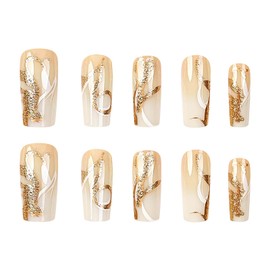 RUOKEXIN Long Press on Nails Square Gold Glitter False Nails with Designs Ombre Nail Press ons Sparkly Artificial Nails Full Cover Glue on Nails Cute Stick on Nails for Women 24Pcs