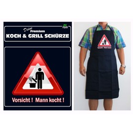 teprovo Men's BBQ Apron Cooking Apron Bib Apron Man Cooking Barbecue 116 cm Dark Blue Kitchen Apron, Caution! Man cooks!