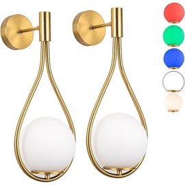 jengush Pack Wall Sconces/Wall Lights, Not Hardwired Brass Gold -White Glass Globe Wall Lamps, Wireless Light Fixture for Bedroom, Living Room, Bathroom, Hallway (GD)