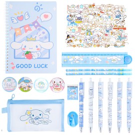 Cinnam-roll Stationery Set, Kawaii School Supplies with Pens Stickers Pencil Case Notebook Badge, Kawaii Stationery Back to School Gift for Kids Students Office Supplies (Blue)